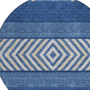 HomeRoots 5' Southwestern-Inspired Indoor/Outdoor Area Rug in Navy Blue, Ivory & Beige – Machine Washable! 8' Round 613929