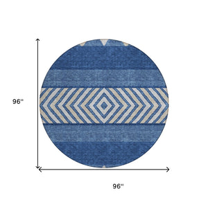 HomeRoots 5' Southwestern-Inspired Indoor/Outdoor Area Rug in Navy Blue, Ivory & Beige – Machine Washable! 8' Round 613929
