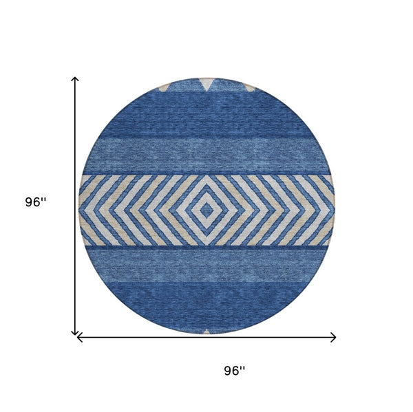 HomeRoots 5' Southwestern-Inspired Indoor/Outdoor Area Rug in Navy Blue, Ivory & Beige – Machine Washable! 8' Round 613929