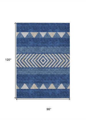 HomeRoots 5' Southwestern-Inspired Indoor/Outdoor Area Rug in Navy Blue, Ivory & Beige – Machine Washable! 8' X 10' 613930