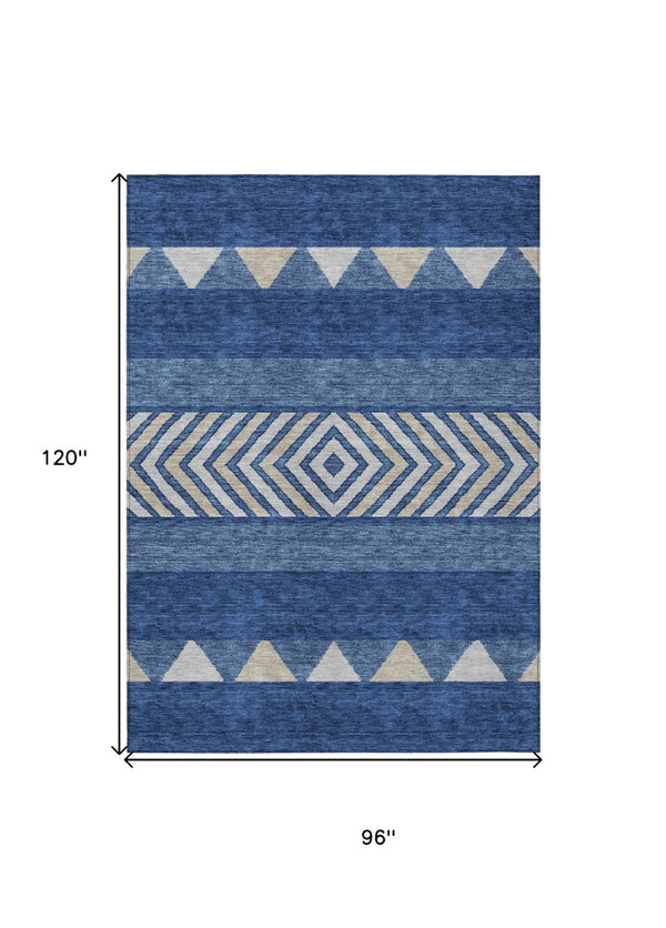 HomeRoots 5' Southwestern-Inspired Indoor/Outdoor Area Rug in Navy Blue, Ivory & Beige – Machine Washable! 8' X 10' 613930