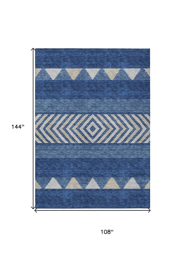 HomeRoots 5' Southwestern-Inspired Indoor/Outdoor Area Rug in Navy Blue, Ivory & Beige – Machine Washable! 9' X 12' 613931