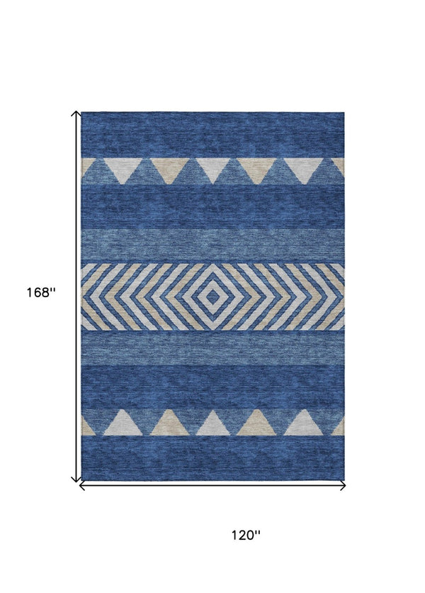 HomeRoots 5' Southwestern-Inspired Indoor/Outdoor Area Rug in Navy Blue, Ivory & Beige – Machine Washable! 10' X 14' 613932