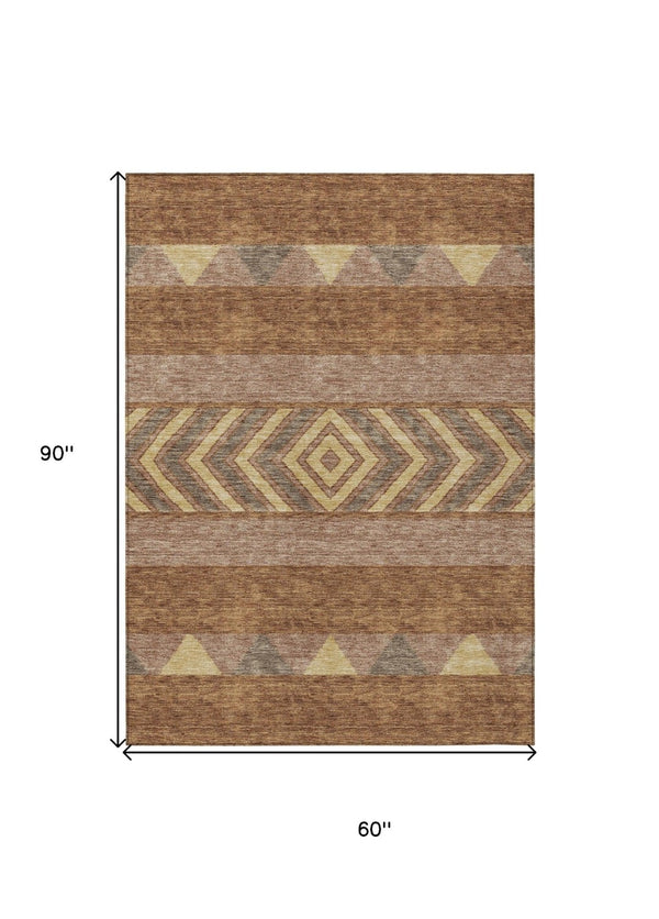 HomeRoots 5' Durable Southwestern Area Rug in Orange, Wheat & Taupe – Stylish, Washable Indoor/Outdoor Accent 5' X 8' 613940