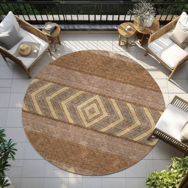 HomeRoots 5' Durable Southwestern Area Rug in Orange, Wheat & Taupe – Stylish, Washable Indoor/Outdoor Accent 8' Round 613941