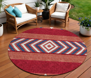 HomeRoots 5' Southwestern Area Rug – Bold Red, White & Navy Blue Geometric Design for Indoor & Outdoor Use 8' Round 613947