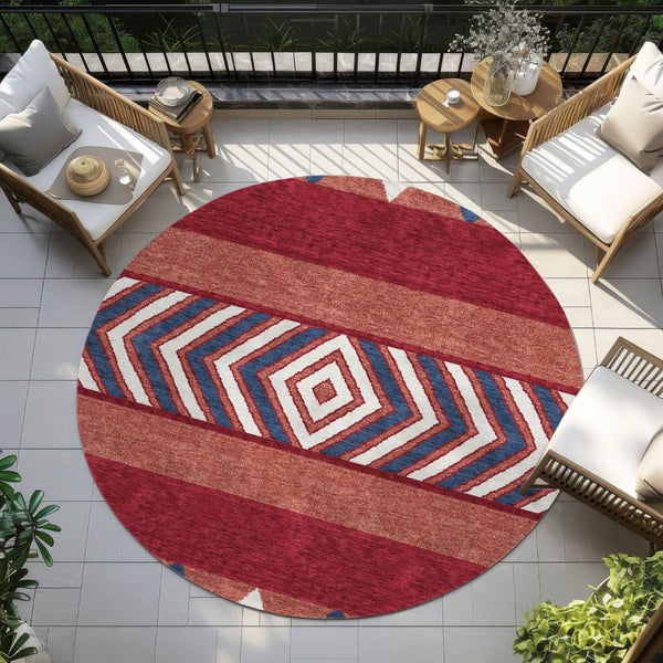 HomeRoots 5' Southwestern Area Rug – Bold Red, White & Navy Blue Geometric Design for Indoor & Outdoor Use 8' Round 613947