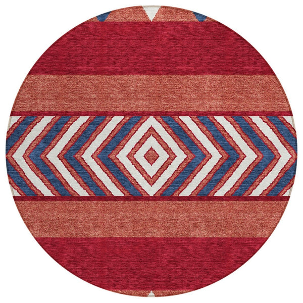 HomeRoots 5' Southwestern Area Rug – Bold Red, White & Navy Blue Geometric Design for Indoor & Outdoor Use 8' Round 613947