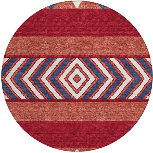 HomeRoots 5' Southwestern Area Rug – Bold Red, White & Navy Blue Geometric Design for Indoor & Outdoor Use 8' Round 613947
