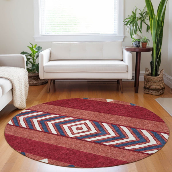 HomeRoots 5' Southwestern Area Rug – Bold Red, White & Navy Blue Geometric Design for Indoor & Outdoor Use 8' Round 613947