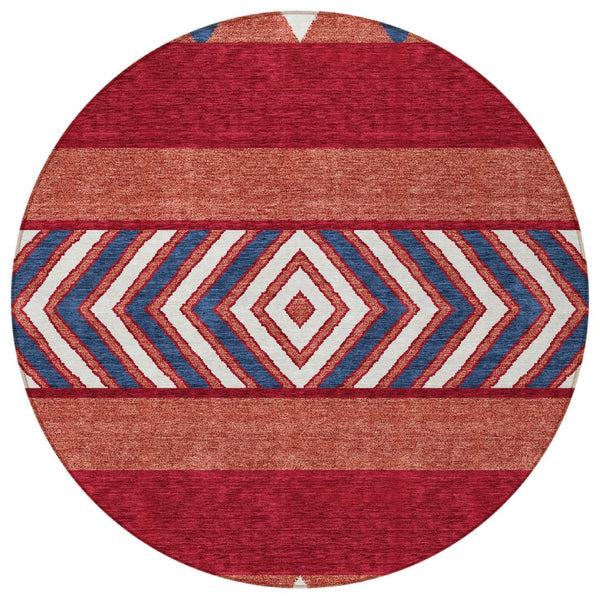 HomeRoots 5' Southwestern Area Rug – Bold Red, White & Navy Blue Geometric Design for Indoor & Outdoor Use 8' Round 613947