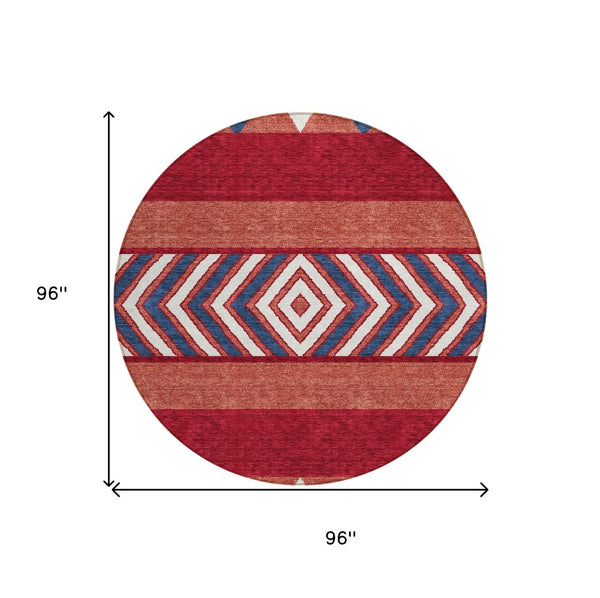 HomeRoots 5' Southwestern Area Rug – Bold Red, White & Navy Blue Geometric Design for Indoor & Outdoor Use 8' Round 613947