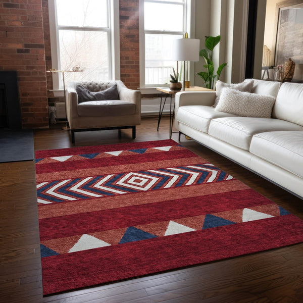 HomeRoots 5' Southwestern Area Rug – Bold Red, White & Navy Blue Geometric Design for Indoor & Outdoor Use 9' X 12' 613949