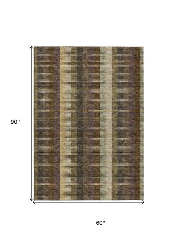 HomeRoots 5' Stylish Brown Taupe and Plum Plaid Area Rug - Durable, Washable, Perfect for Indoor & Outdoor Use 5' X 8' 613958