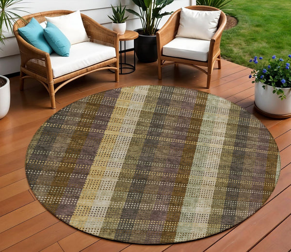HomeRoots 5' Stylish Brown Taupe and Plum Plaid Area Rug - Durable, Washable, Perfect for Indoor & Outdoor Use 8' Round 613959