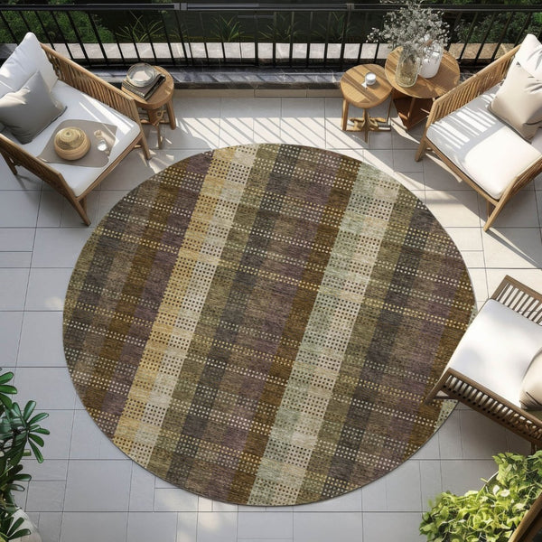 HomeRoots 5' Stylish Brown Taupe and Plum Plaid Area Rug - Durable, Washable, Perfect for Indoor & Outdoor Use 8' Round 613959