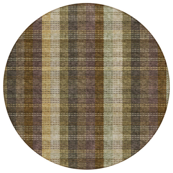 HomeRoots 5' Stylish Brown Taupe and Plum Plaid Area Rug - Durable, Washable, Perfect for Indoor & Outdoor Use 8' Round 613959