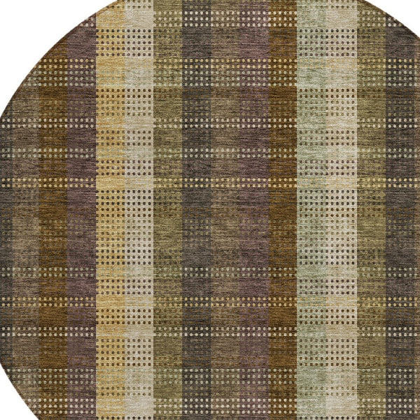 HomeRoots 5' Stylish Brown Taupe and Plum Plaid Area Rug - Durable, Washable, Perfect for Indoor & Outdoor Use 8' Round 613959