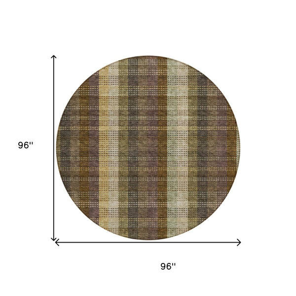 HomeRoots 5' Stylish Brown Taupe and Plum Plaid Area Rug - Durable, Washable, Perfect for Indoor & Outdoor Use 8' Round 613959