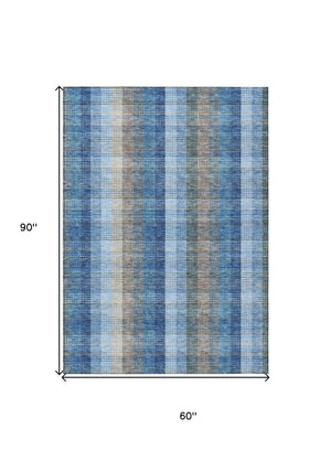 HomeRoots 5' Stylish Denim Blue Plaid Washable Area Rug - Durable Indoor/Outdoor Design for High-Traffic Spaces 5' X 8' 613964