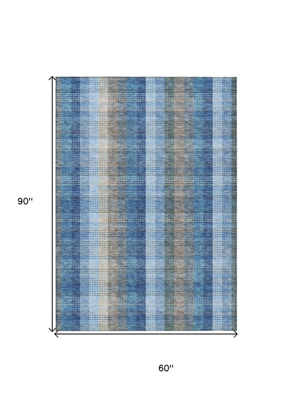 HomeRoots 5' Stylish Denim Blue Plaid Washable Area Rug - Durable Indoor/Outdoor Design for High-Traffic Spaces 5' X 8' 613964