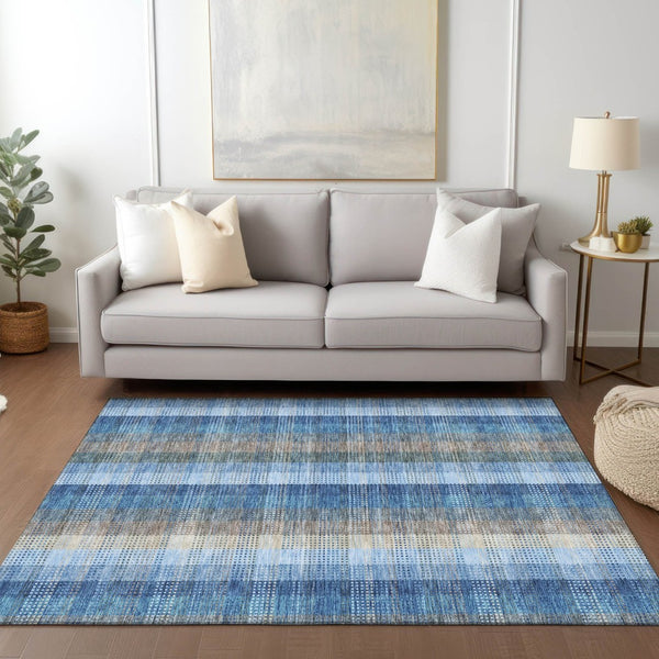 HomeRoots 5' Stylish Denim Blue Plaid Washable Area Rug - Durable Indoor/Outdoor Design for High-Traffic Spaces 5' X 8' 613964