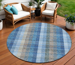 HomeRoots 5' Stylish Denim Blue Plaid Washable Area Rug - Durable Indoor/Outdoor Design for High-Traffic Spaces 8' Round 613965