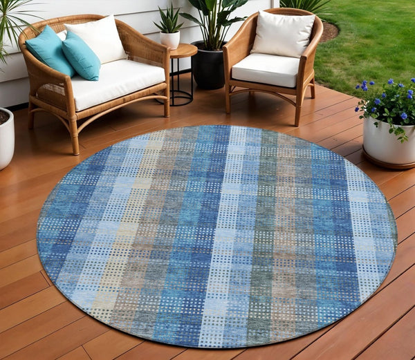 HomeRoots 5' Stylish Denim Blue Plaid Washable Area Rug - Durable Indoor/Outdoor Design for High-Traffic Spaces 8' Round 613965