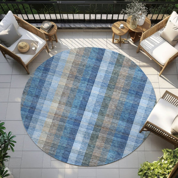 HomeRoots 5' Stylish Denim Blue Plaid Washable Area Rug - Durable Indoor/Outdoor Design for High-Traffic Spaces 8' Round 613965