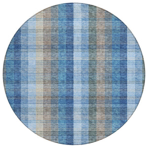 HomeRoots 5' Stylish Denim Blue Plaid Washable Area Rug - Durable Indoor/Outdoor Design for High-Traffic Spaces 8' Round 613965