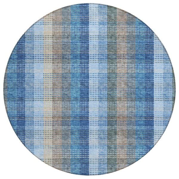HomeRoots 5' Stylish Denim Blue Plaid Washable Area Rug - Durable Indoor/Outdoor Design for High-Traffic Spaces 8' Round 613965