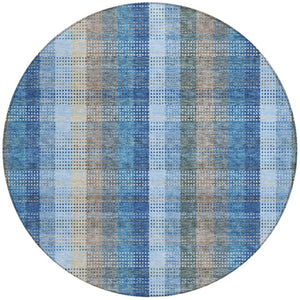 HomeRoots 5' Stylish Denim Blue Plaid Washable Area Rug - Durable Indoor/Outdoor Design for High-Traffic Spaces 8' Round 613965