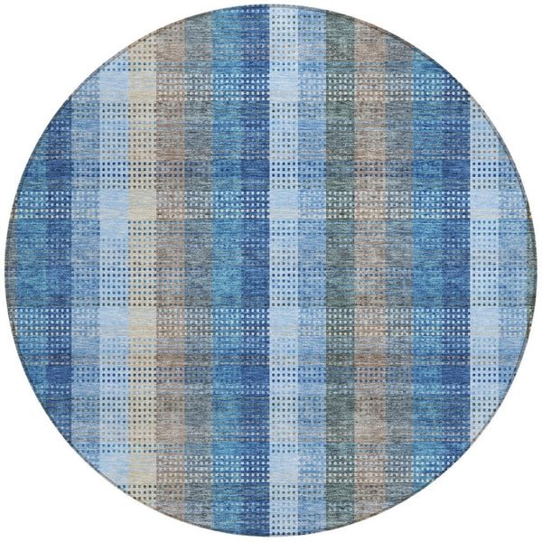 HomeRoots 5' Stylish Denim Blue Plaid Washable Area Rug - Durable Indoor/Outdoor Design for High-Traffic Spaces 8' Round 613965