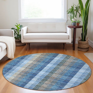 HomeRoots 5' Stylish Denim Blue Plaid Washable Area Rug - Durable Indoor/Outdoor Design for High-Traffic Spaces 8' Round 613965