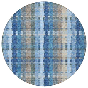 HomeRoots 5' Stylish Denim Blue Plaid Washable Area Rug - Durable Indoor/Outdoor Design for High-Traffic Spaces 8' Round 613965