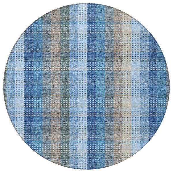 HomeRoots 5' Stylish Denim Blue Plaid Washable Area Rug - Durable Indoor/Outdoor Design for High-Traffic Spaces 8' Round 613965