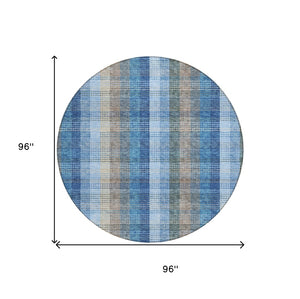 HomeRoots 5' Stylish Denim Blue Plaid Washable Area Rug - Durable Indoor/Outdoor Design for High-Traffic Spaces 8' Round 613965