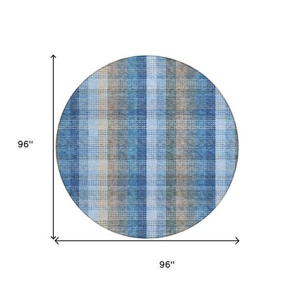 HomeRoots 5' Stylish Denim Blue Plaid Washable Area Rug - Durable Indoor/Outdoor Design for High-Traffic Spaces 8' Round 613965