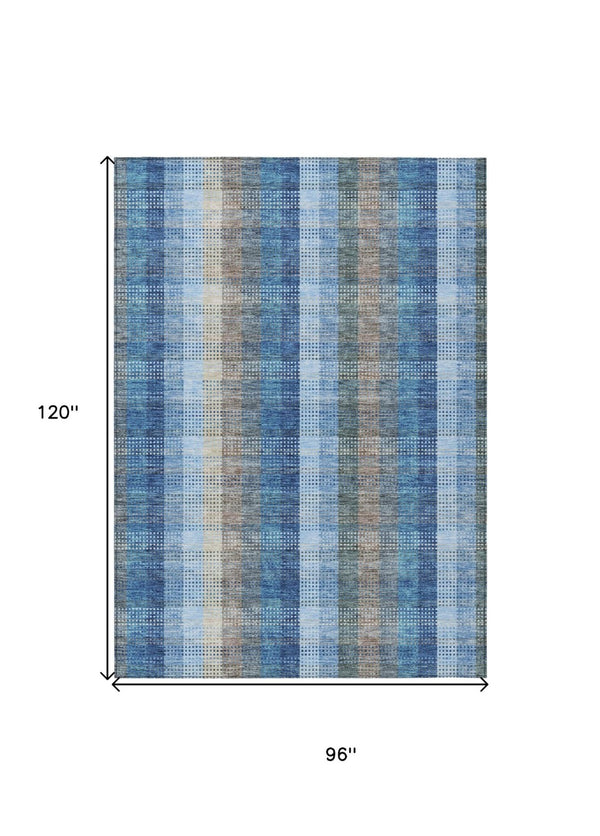 HomeRoots 5' Stylish Denim Blue Plaid Washable Area Rug - Durable Indoor/Outdoor Design for High-Traffic Spaces 8' X 10' 613966