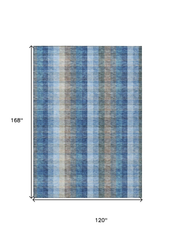 HomeRoots 5' Stylish Denim Blue Plaid Washable Area Rug - Durable Indoor/Outdoor Design for High-Traffic Spaces 10' X 14' 613968