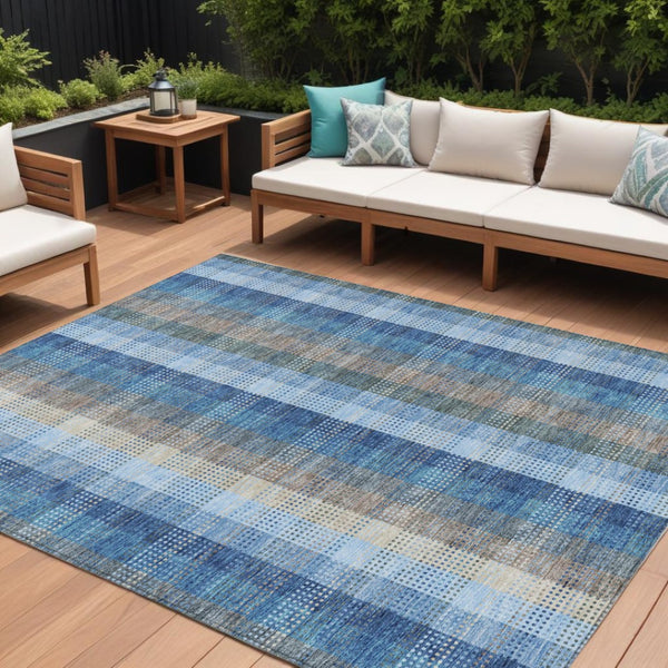 HomeRoots 5' Stylish Denim Blue Plaid Washable Area Rug - Durable Indoor/Outdoor Design for High-Traffic Spaces 10' X 14' 613968