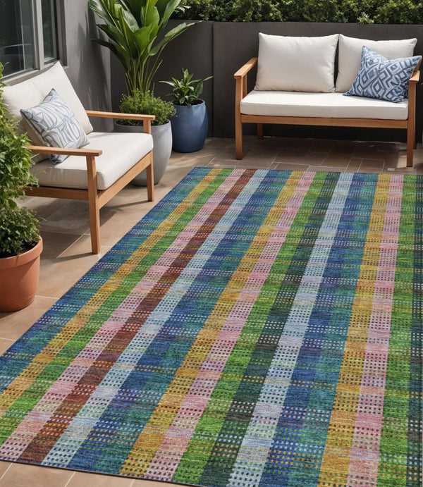 HomeRoots 5' Timeless Navy Blue Pink and Sage Plaid Washable Area Rug for Indoor or Outdoor Durability & Style 5' X 8' 613976