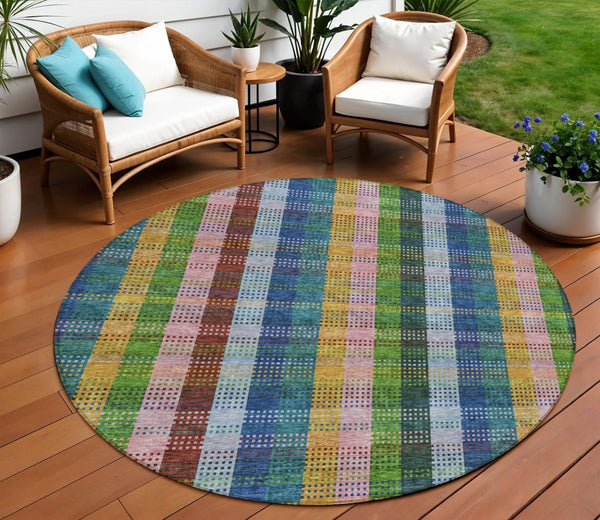HomeRoots 5' Timeless Navy Blue Pink and Sage Plaid Washable Area Rug for Indoor or Outdoor Durability & Style 8' Round 613977