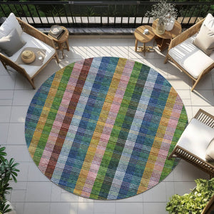HomeRoots 5' Timeless Navy Blue Pink and Sage Plaid Washable Area Rug for Indoor or Outdoor Durability & Style 8' Round 613977