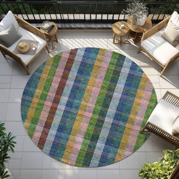 HomeRoots 5' Timeless Navy Blue Pink and Sage Plaid Washable Area Rug for Indoor or Outdoor Durability & Style 8' Round 613977