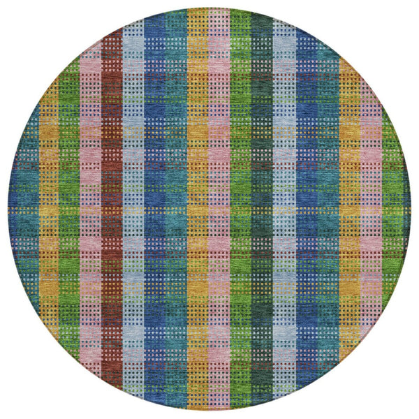 HomeRoots 5' Timeless Navy Blue Pink and Sage Plaid Washable Area Rug for Indoor or Outdoor Durability & Style 8' Round 613977