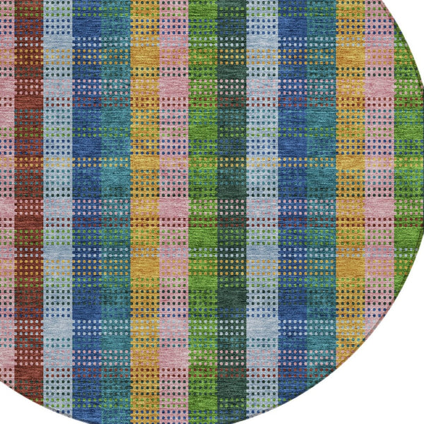 HomeRoots 5' Timeless Navy Blue Pink and Sage Plaid Washable Area Rug for Indoor or Outdoor Durability & Style 8' Round 613977