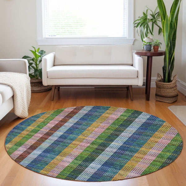HomeRoots 5' Timeless Navy Blue Pink and Sage Plaid Washable Area Rug for Indoor or Outdoor Durability & Style 8' Round 613977