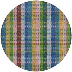 HomeRoots 5' Timeless Navy Blue Pink and Sage Plaid Washable Area Rug for Indoor or Outdoor Durability & Style 8' Round 613977