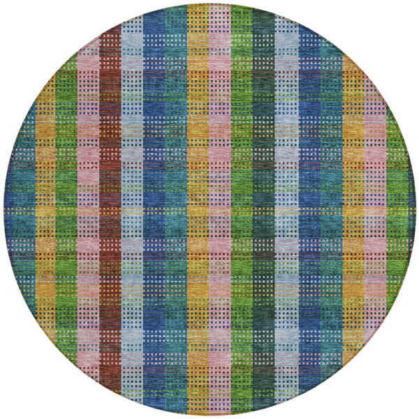HomeRoots 5' Timeless Navy Blue Pink and Sage Plaid Washable Area Rug for Indoor or Outdoor Durability & Style 8' Round 613977